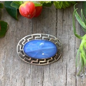 Antique Art Deco Sterling Silver Art Glass Blue Star Sapphire Pin Brooch